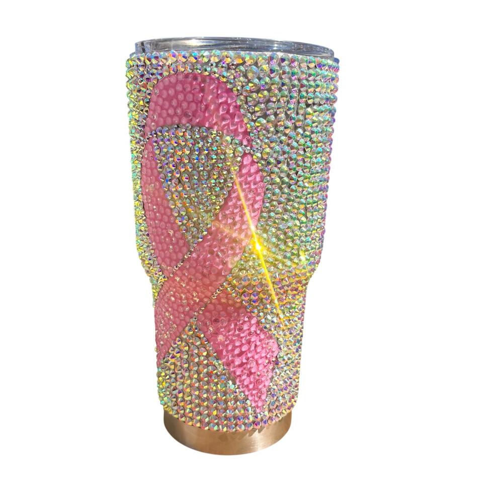 Custom Rhinestone Bling 30 oz Tumbler Cancer Awareness Pink Ribbon Silver